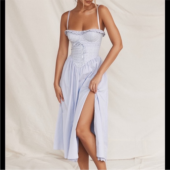 House of CB Jaime Soft Blue Cotton Broderie Anglais Midi Sundress XS A-C Cup - Picture 4 of 8
